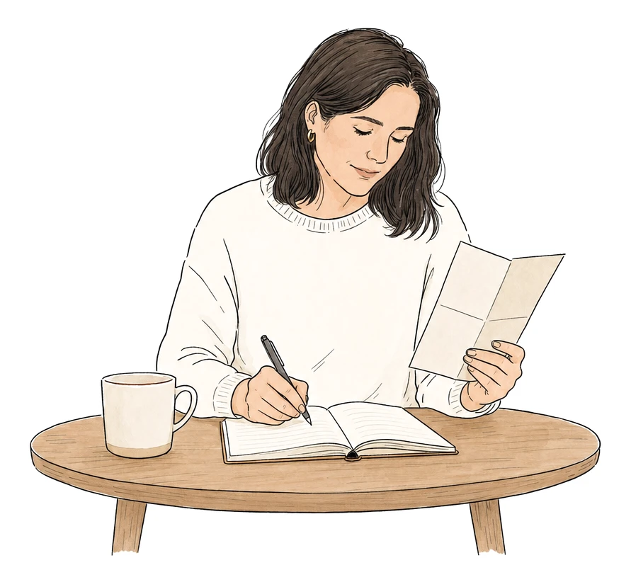 A woman sits at a small wooden table writing in a notebook, a folded care plan in one hand and a mug beside her.