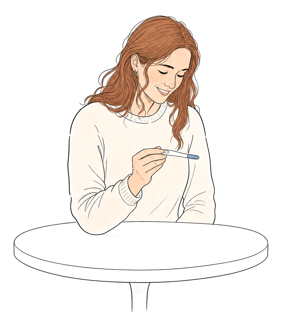A woman sits at a small table holding a pregnancy test, smiling, a quiet hopeful moment.