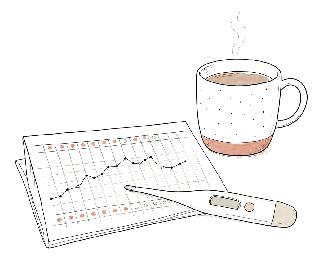 A hand-marked paper cycle chart, a basal body thermometer, and a mug of coffee on a plain surface.