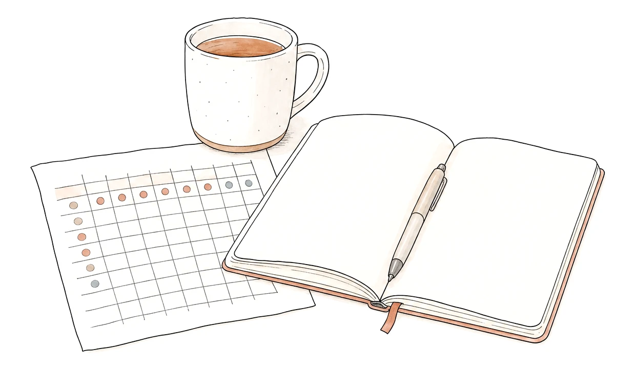 A hand-marked cycle chart, an open journal with a pen, and a mug of tea on a plain surface.