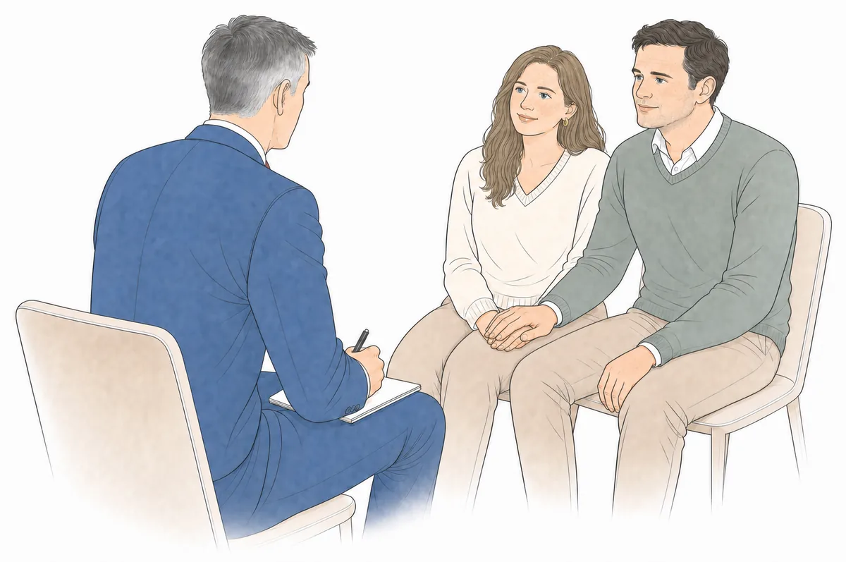 A couple sitting together with their doctor at a NeoFertility consultation